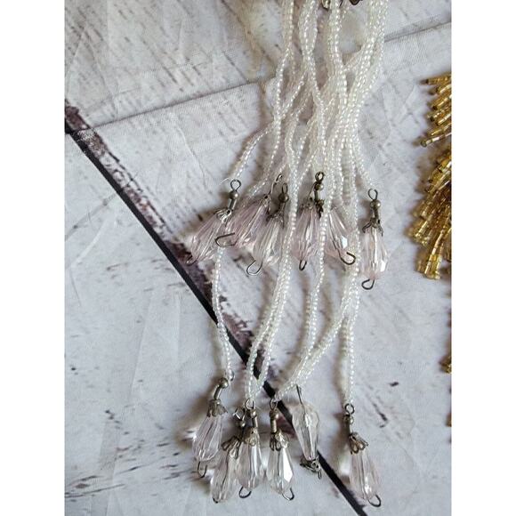 Vintage Glass Beaded Dangling Tassels 2 Ornaments Gold Pink White - Picture 5 of 9